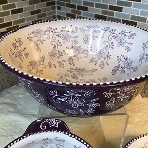 NEW Temp-tations, Purple floral lace nesting bowls with handles